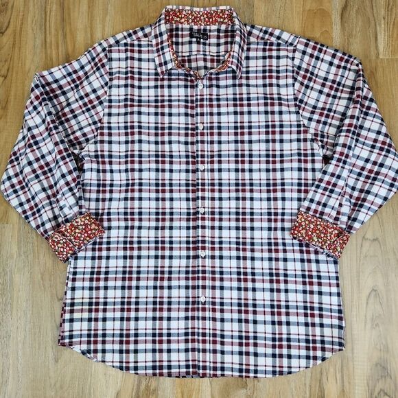 🔹️Galaxy Red Plaid & Floral Print Buttoned Long Sleeve Shirt XLarge - Picture 1 of 9